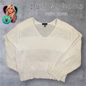 Rag & Bone Faye V-Neck Pointelle Sweater Women Medium Crochet Open Knit Oversize